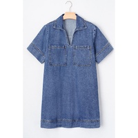 Blue Short Sleeve Collared Patched Pocket Denim Mini Dress - S thumbnail