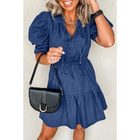 Blue Drawstring High Waist Puff Sleeve Denim Mini Dress - L thumbnail