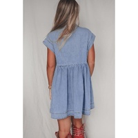 Beau Blue Lapel Neck Cap Sleeve High Waist Denim Babydoll Dress - L thumbnail