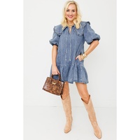 Dusk Blue Ruffled Collared Side Pockets Puff Sleeve Denim Mini Dress - M thumbnail