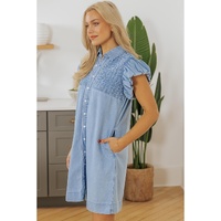 Beau Blue Flutter Sleeve Shirred Detail Button Up Denim Mini Dress - S thumbnail