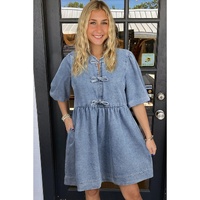 Dusk Blue Bowknot Bubble Sleeve Short Denim Dress - M thumbnail
