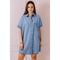 Dusk Blue Short Sleeve Pocketed Button up Denim Tunic Dress - S thumbnail