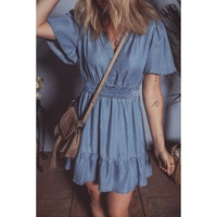 Ashleigh Blue Ruffled V Neck Smocked High Waist Denim Mini Dress - S thumbnail