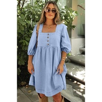 Beau Blue Denim Button Detail Babydoll Square Neck Mini Dress - L thumbnail