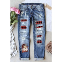 Azura Exchange Plaid Splicing Distressed Jeans - L thumbnail