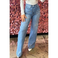 Light Blue Floral Rhinestone Decor High Rise Wide Leg Jeans - 6 US thumbnail