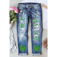 Sky Blue St. Patricks Clover Patchwork Sequin Distressed Jeans - 18 US thumbnail
