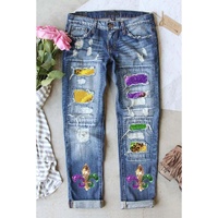 Sky Blue Shiny Mardi Gras Fleur-de-lis Patch Distressed Jeans - 8 US thumbnail