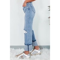 Dusk Blue High Rise Asymmetric Button Zip Fly Ripped Jeans - 12 US thumbnail