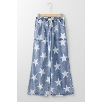 Light Blue Star Print Light Wash Drawstring High Waist Wide Leg Jeans - 6 US thumbnail