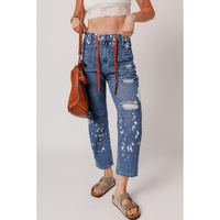 Ashleigh Blue Ripped Splattering Paint Rope Waist Cropped Straight Jeans - 6 US thumbnail