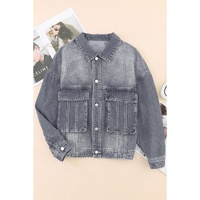Gray Chest Pockets Drop Shoulder Loose Denim Jacket - L thumbnail