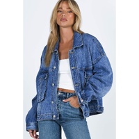 Blue Chest Pockets Drop Shoulder Loose Denim Jacket - L thumbnail