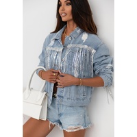 Sky Blue Sequin Embellished Fringe Distressed Denim Jacket - L thumbnail