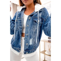 Sky Blue Distressed Contrast Hooded Denim Jacket with Pockets - S thumbnail