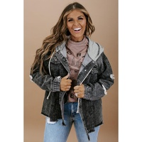 Black Drawstring Hooded Frayed Denim Jacket - M thumbnail