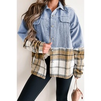 Khaki Plaid Patchwork Buttoned Oversized Denim Jacket - L thumbnail
