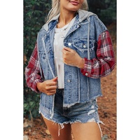 Beau Blue Plaid Print Patchwork Hooded Raw Hem Denim Jacket - XL thumbnail