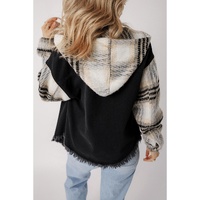 Black Plaid Sleeve Frayed Hem Hooded Denim Jacket - S thumbnail
