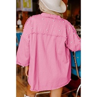 Bonbon Pearl Beaded Raw Hem Button Up Denim Jacket - S thumbnail