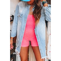 Beau Blue Mineral Wash Distressed Frayed Long Denim Jacket - S thumbnail