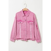 Pink Lace Patchwork Distressed Buttoned Denim Jacket - L thumbnail