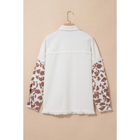 White Cow Spot Patchwork Flap Pocket Distressed Hem Long Denim Jacket - M thumbnail