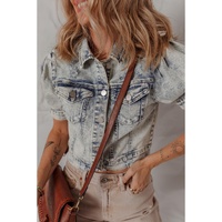 Beau Blue Light Wash Buttoned Chest Pocket Puff Sleeve Denim Jacket - L thumbnail