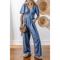 Ashleigh Blue V Neck Short Sleeve Smocked Back Denim Loose Jumpsuit - M thumbnail