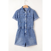 Dusk Blue Chest Pocket Front Buttoned Folded Edge Denim Short Sleeve Romper - XL thumbnail