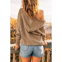 Khaki Zipper V-neck Dropped Sleeve Hooded Solid Sweater - S thumbnail