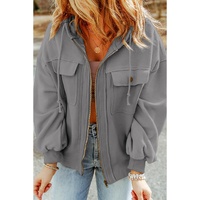 Gray Flap Pocket Drawstring Hood Zip Up Jacket - M thumbnail