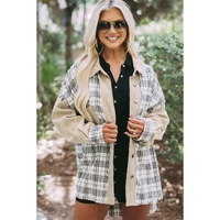 Khaki Distressed Raw Edge Plaid Patchwork Denim Jacket - L thumbnail