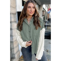 Green Cable Knit Sleeve Raw Hem Shacket - S thumbnail