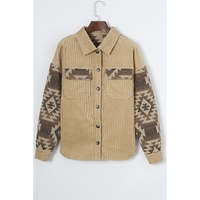 Khaki Aztec Print Patchwork Frayed Edge Corduroy Jacket - M thumbnail