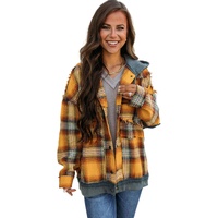 Orange Plaid Patch Hooded Frayed Snap Button Jacket - S thumbnail