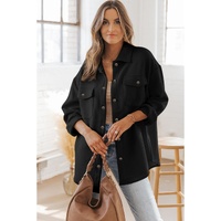 Black Solid Textured Flap Pocket Buttoned Shacket - S thumbnail