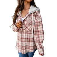 Multicolour Plaid Flap Pocket Hooded Raw Hem Jacket - L thumbnail