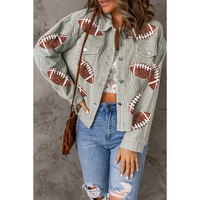 Sky Blue Sequined Football Patch Ribbed Cotton Jacket - M thumbnail