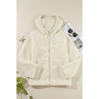 Beige Fleece Zip Up Drawstring Hooded Pocketed Jacket - M thumbnail