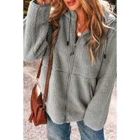 Medium Grey Fleece Zip Up Drawstring Hooded Pocketed Jacket - 2XL thumbnail