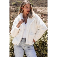 Beige Faux Fur Button Pocketed Lapel Collar Jacket - S thumbnail