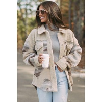 Khaki Western Aztec Print Sherpa Splicing Buttoned Flap Pocket Coat - S thumbnail