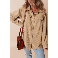 Light French Beige Solid Frilled Flap Pocket Button Up Corduroy Shacket - L thumbnail
