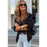 Black Sequin Zip up Round Neck Long Sleeve Jacket - M thumbnail