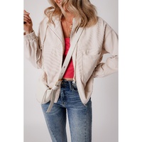 White Corduroy Drawstring Hooded Pocket Zip Up Jacket - L thumbnail