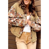 Khaki Waffle Knit Floral Print Patchwork Button up Jacket - L thumbnail