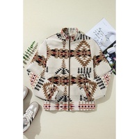 Beige Aztec Printed Stand Neck Zip Up Jacket - M thumbnail