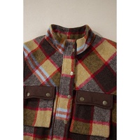 Brown Plaid Print Chest Pockets Button Zipper Stand Neck Jacket - L thumbnail